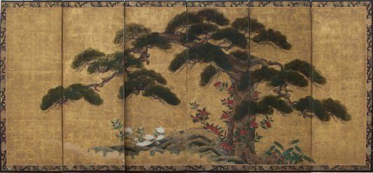 Tela japonesa com decoração de pinho em um fundo dourado. Século dezoito